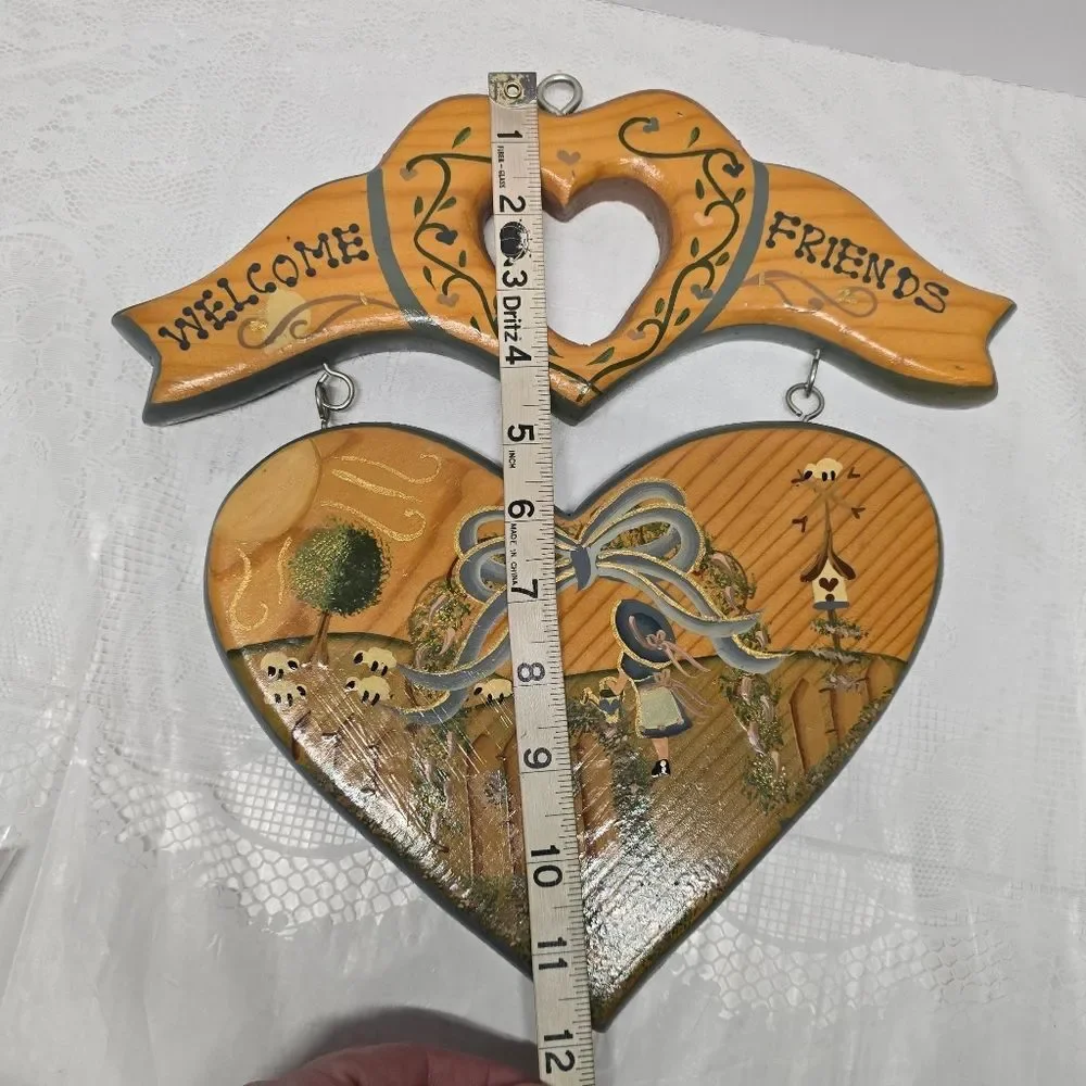 Vintage Wooden Welcome Friends Heart Shaped Wall Plaque Girl In The Farm Garden